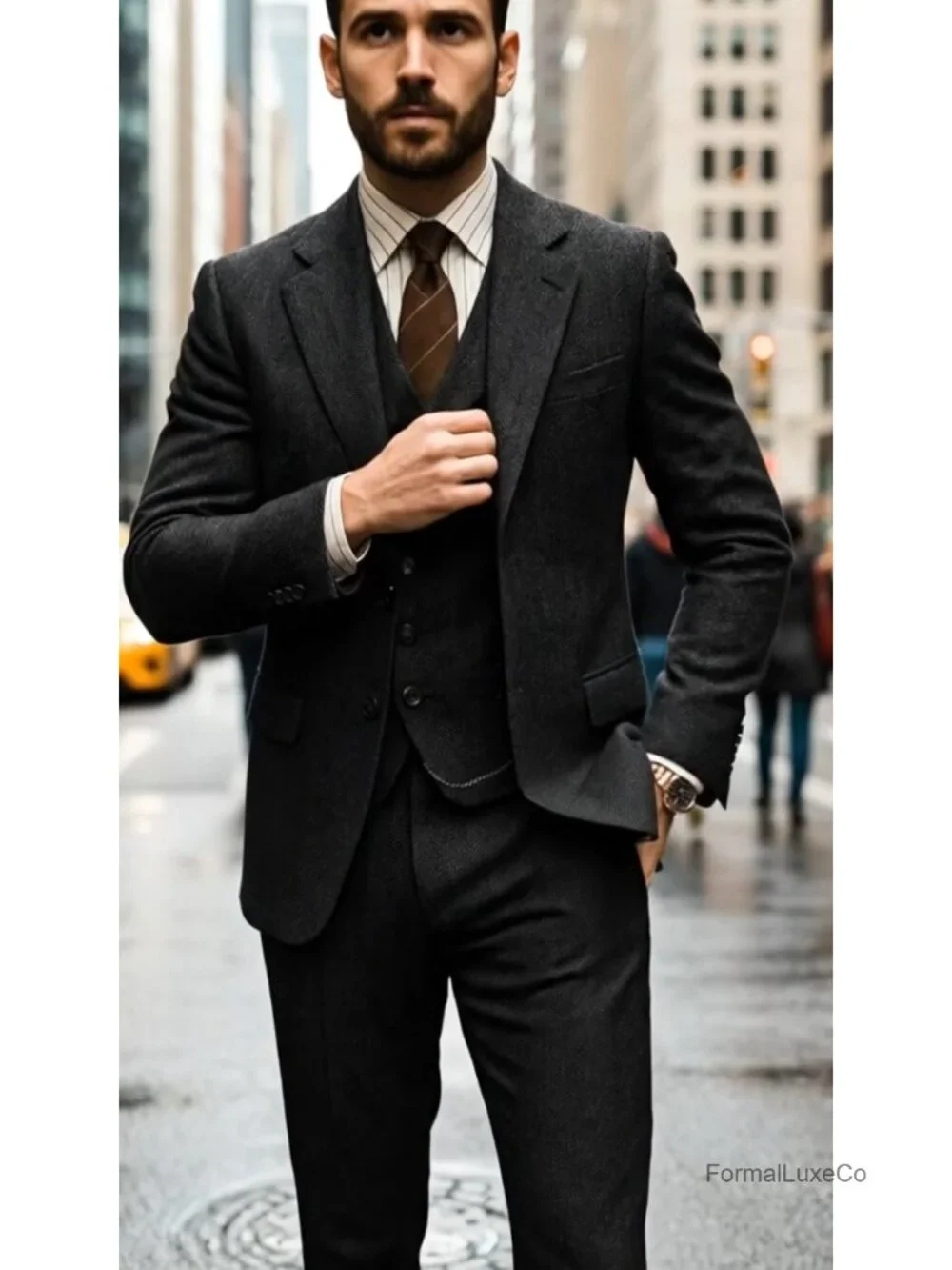 3 Piece Men's Tuxedo Suit Regular Fit Tweed Herringbone Double Breasted Blazer